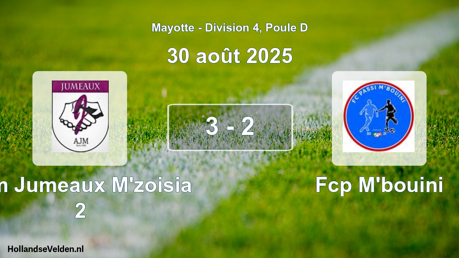 Match joué: Ajm Jumeaux M'zoisia 2 - Fcp M'bouini 3 - 2 (30 août 2025)