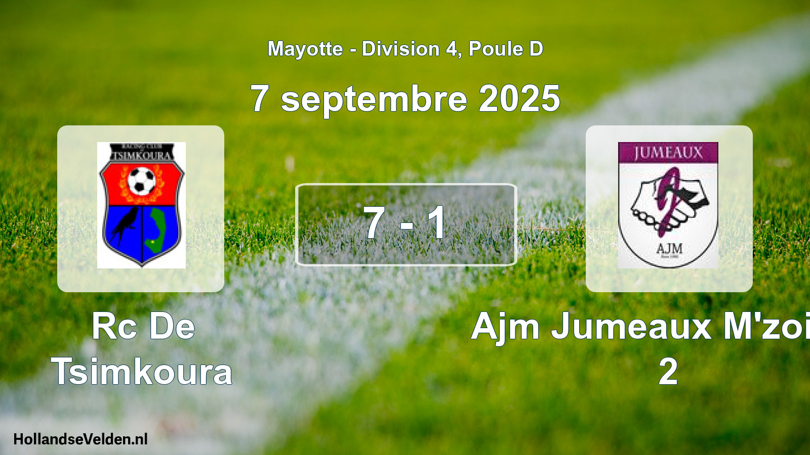 Match joué: Rc De Tsimkoura - Ajm Jumeaux M'zoisia 2 7 - 1 (7 septembre 2025)