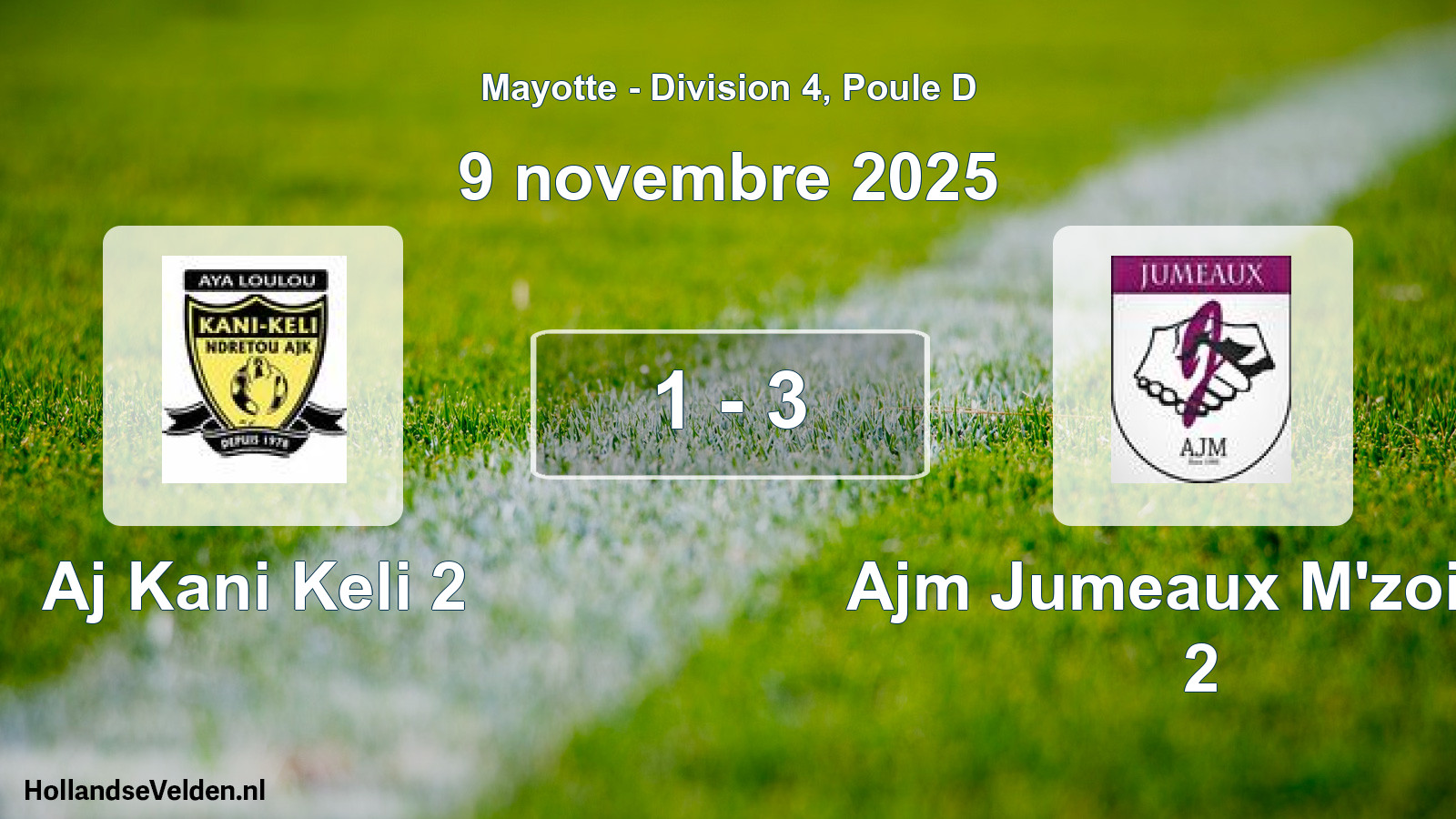 Match joué: Aj Kani Keli 2 - Ajm Jumeaux M'zoisia 2 1 - 3 (9 novembre 2025)