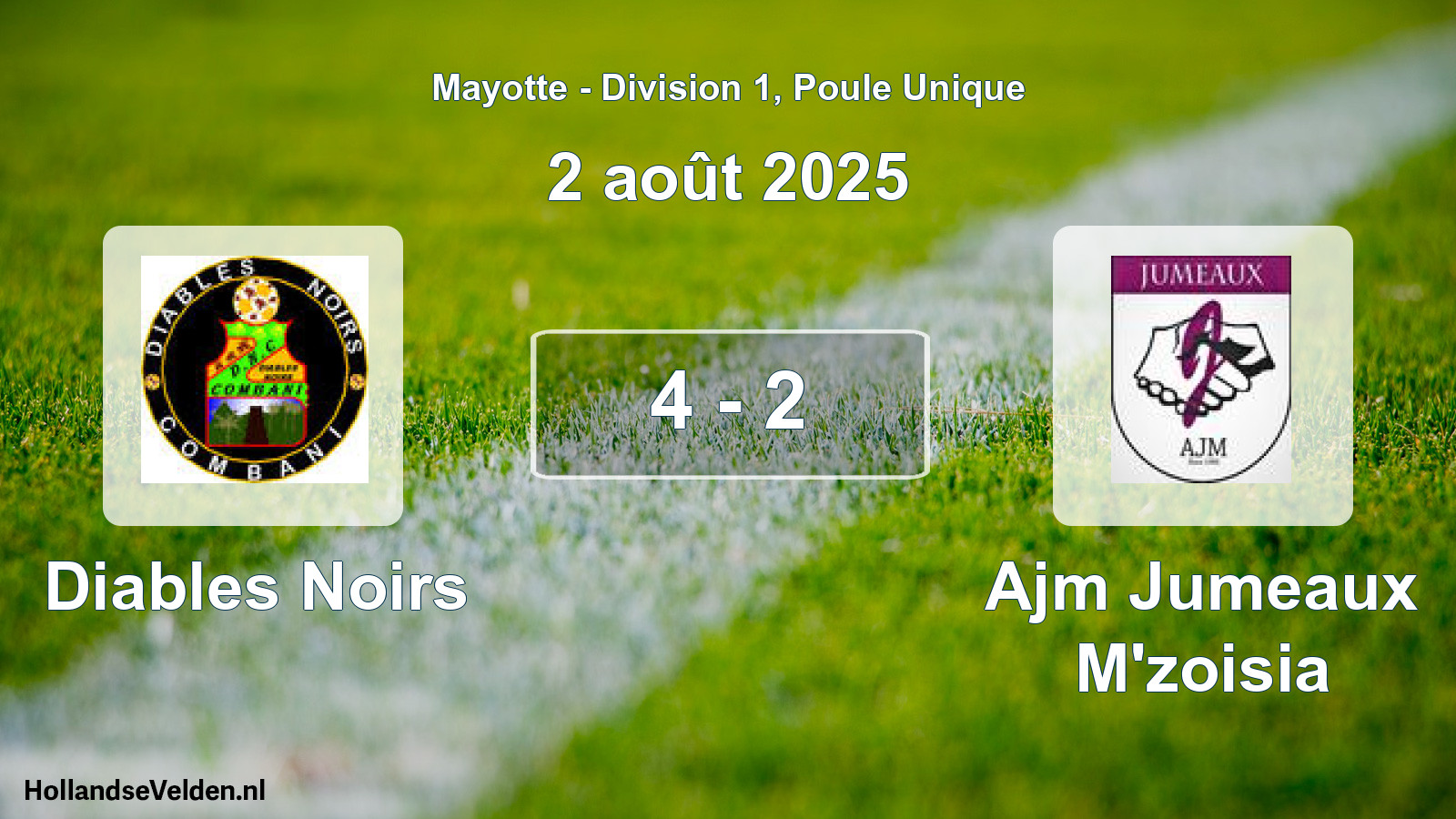 Match joué: Diables Noirs - Ajm Jumeaux M'zoisia 4 - 2 (2 août 2025)