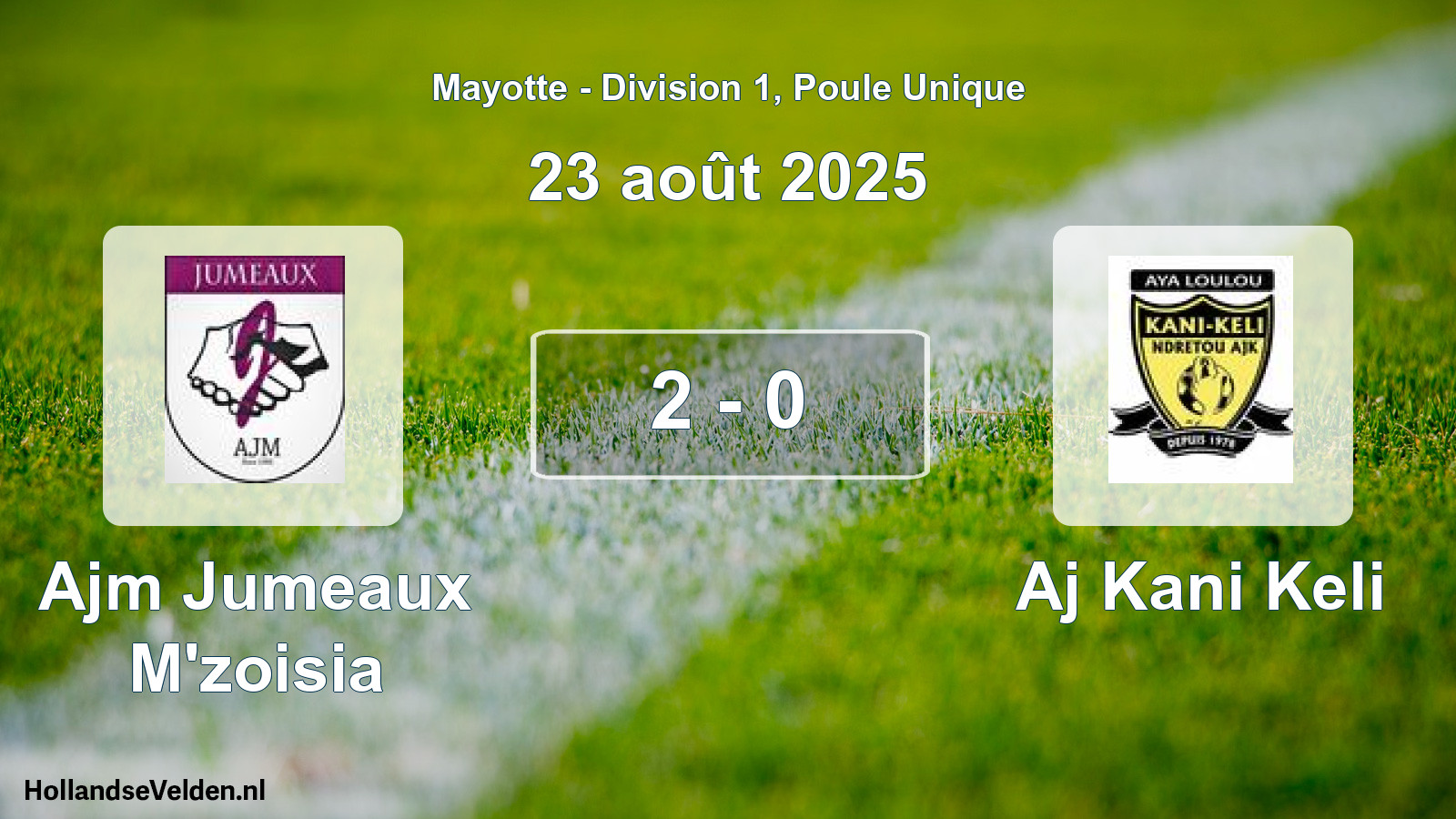 Match joué: Ajm Jumeaux M'zoisia - Aj Kani Keli 2 - 0 (23 août 2025)