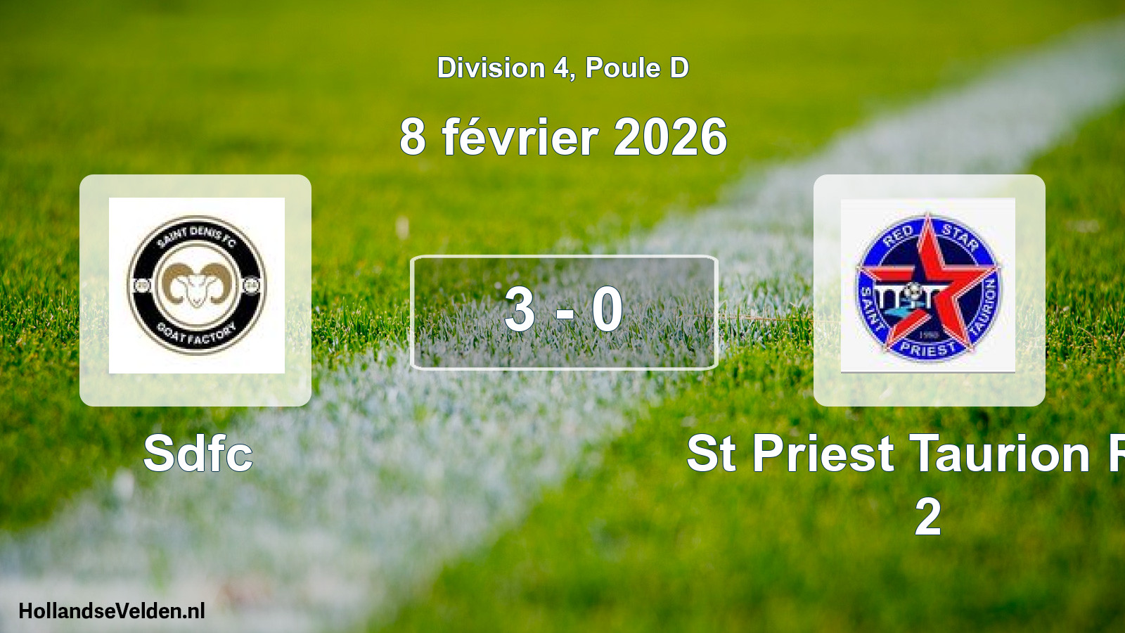 Gespeelde wedstrijd: Sdfc - St Priest Taurion Rs 2 3 - 0 (8 februari 2026)