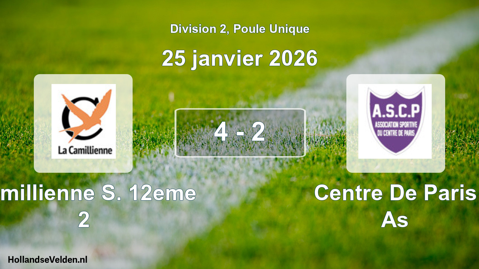 Total number of matches played: Camillienne S. 12eme 2 - Centre De Paris As 4 - 2 (25 January 2026)