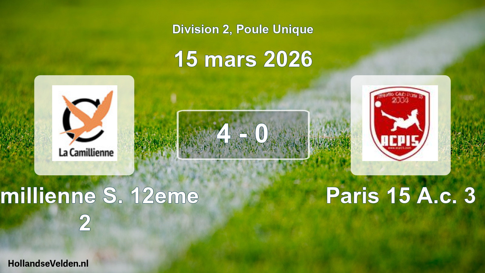 Total number of matches played: Camillienne S. 12eme 2 - Paris 15 A.c. 3 4 - 0 (15 March 2026)