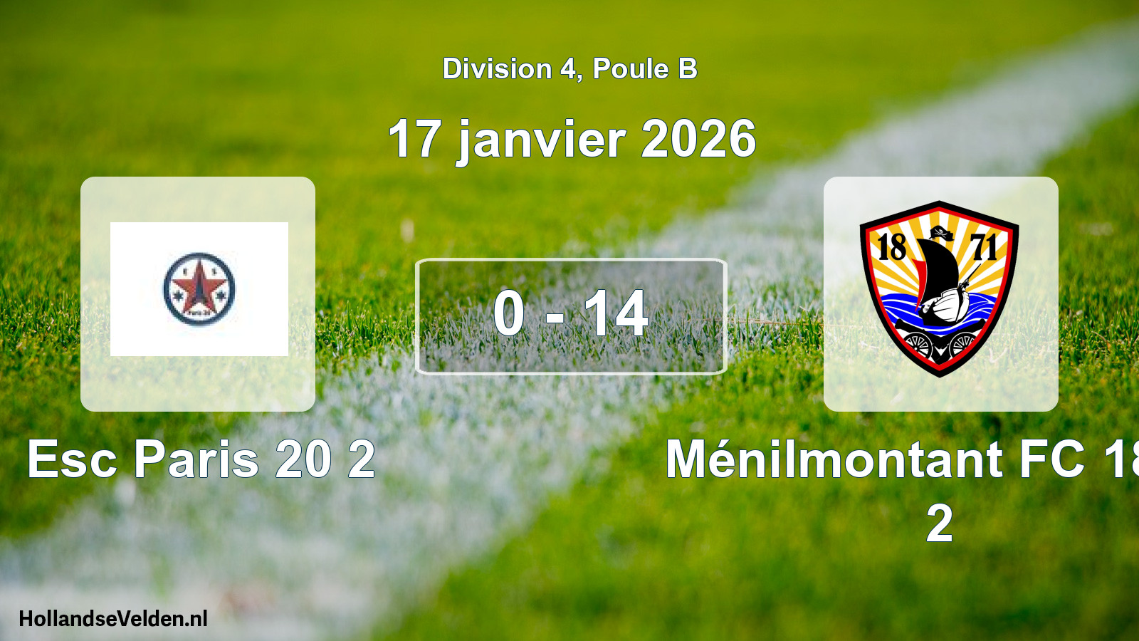 Total number of matches played: Esc Paris 20 2 - Ménilmontant FC 1871 2 0 - 14 (17 January 2026)