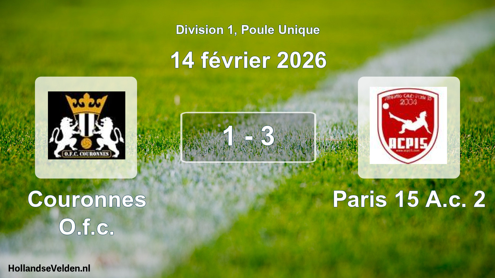 Total number of matches played: Couronnes O.f.c. - Paris 15 A.c. 2 1 - 3 (14 February 2026)