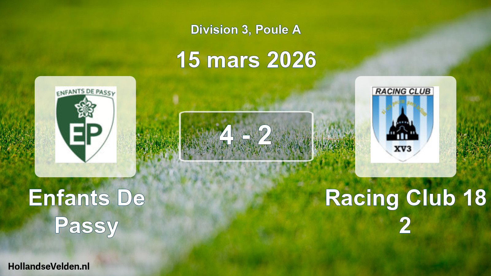 Total number of matches played: Enfants De Passy - Racing Club 18 2 4 - 2 (15 March 2026)