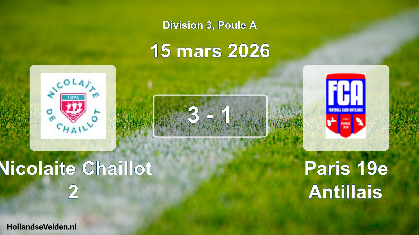 Total number of matches played: Nicolaite Chaillot 2 - Paris 19e Antillais 3 - 1 (15 March 2026)