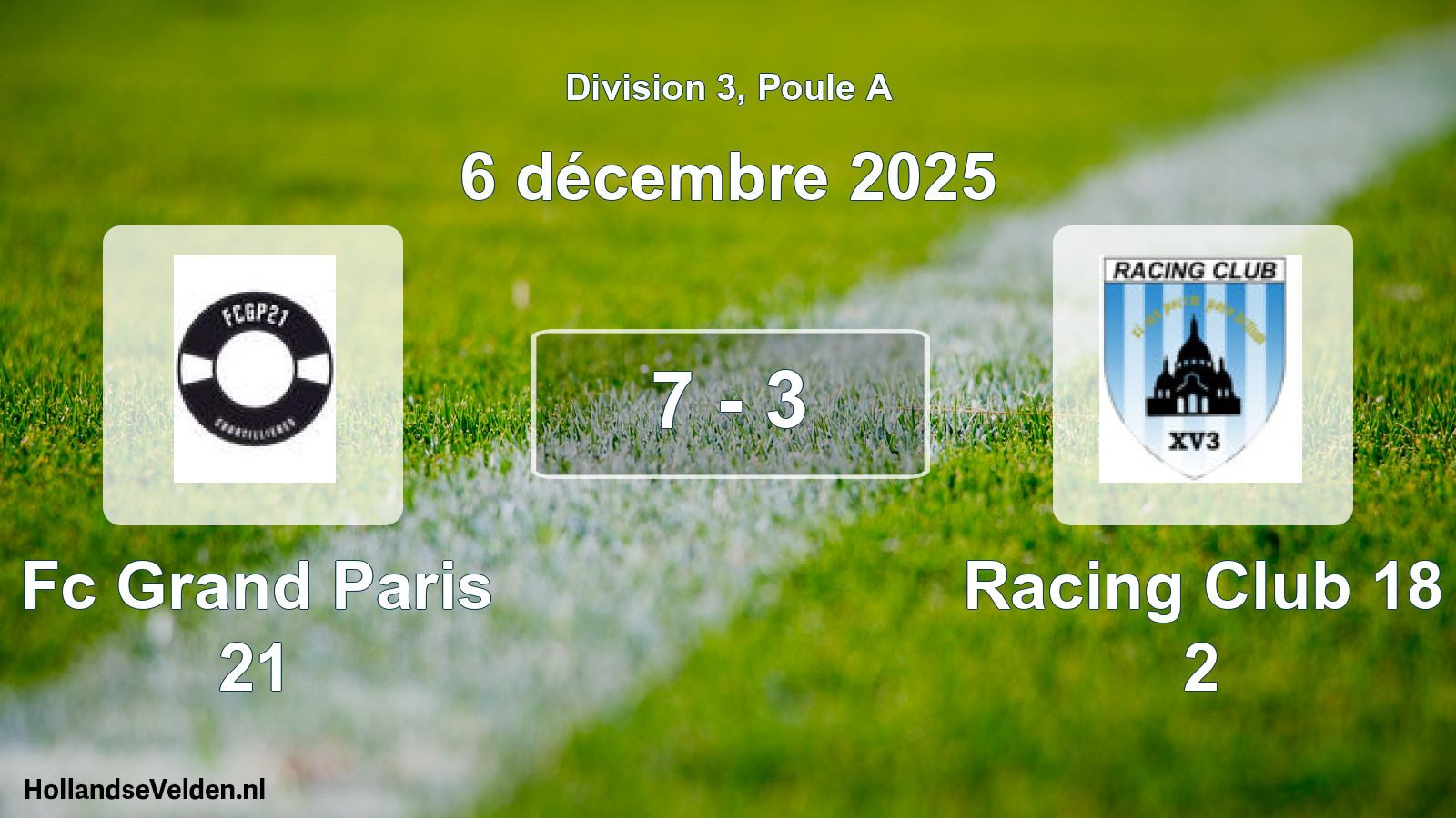 Total number of matches played: Fc Grand Paris 21 - Racing Club 18 2 7 - 3 (6 December 2025)