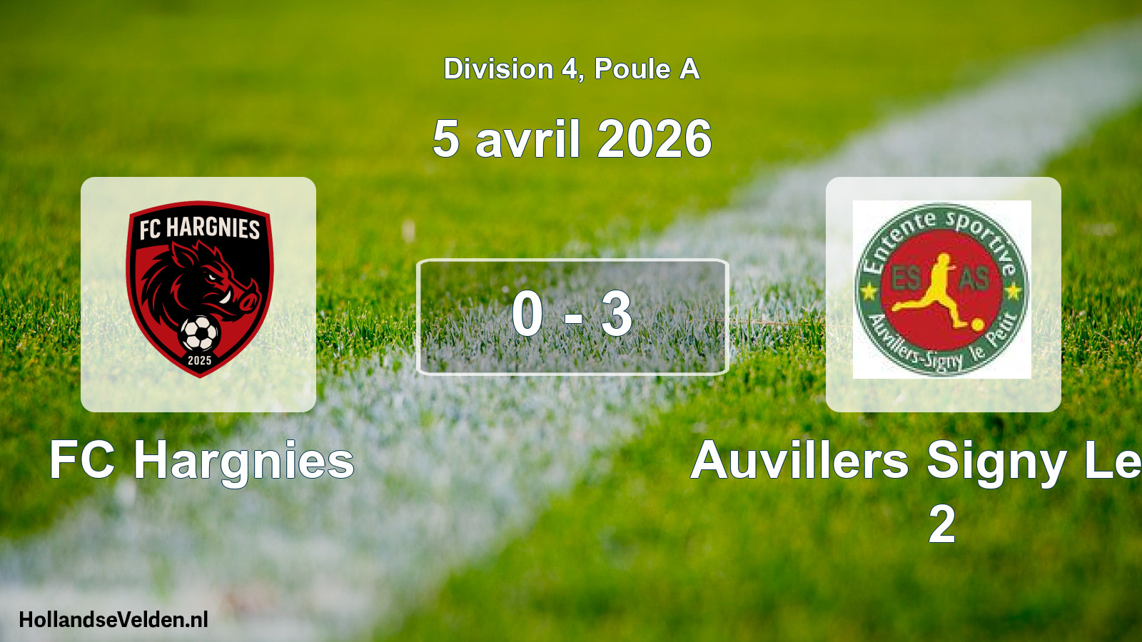 Match joué: FC Hargnies - Auvillers Signy Le P 2 0 - 3 (5 avril 2026)