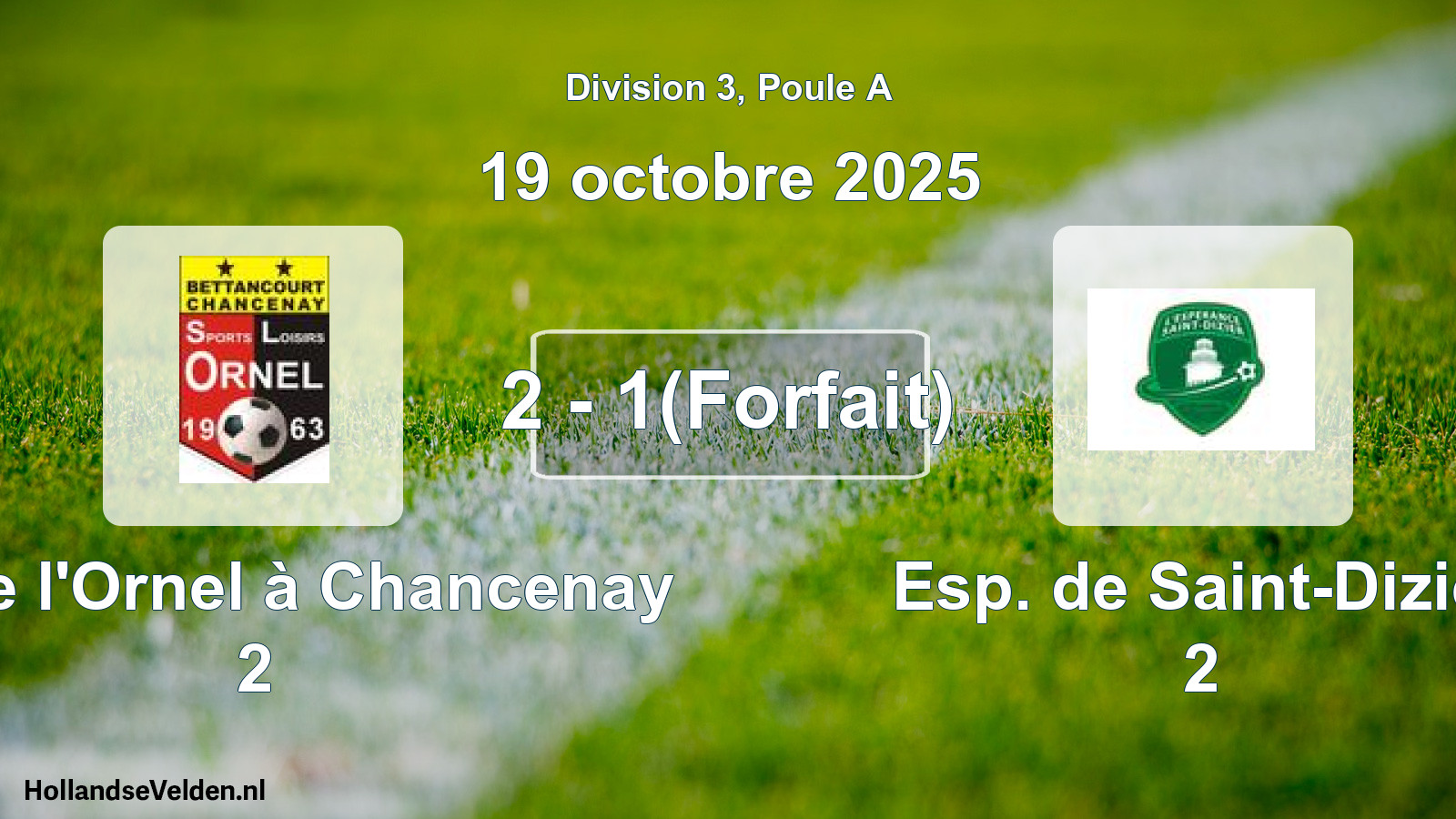 Total number of matches played: SL de l'Ornel à Chancenay 2 - Esp. de Saint-Dizier 2 2 - 1(Forfait) (19 October 2025)