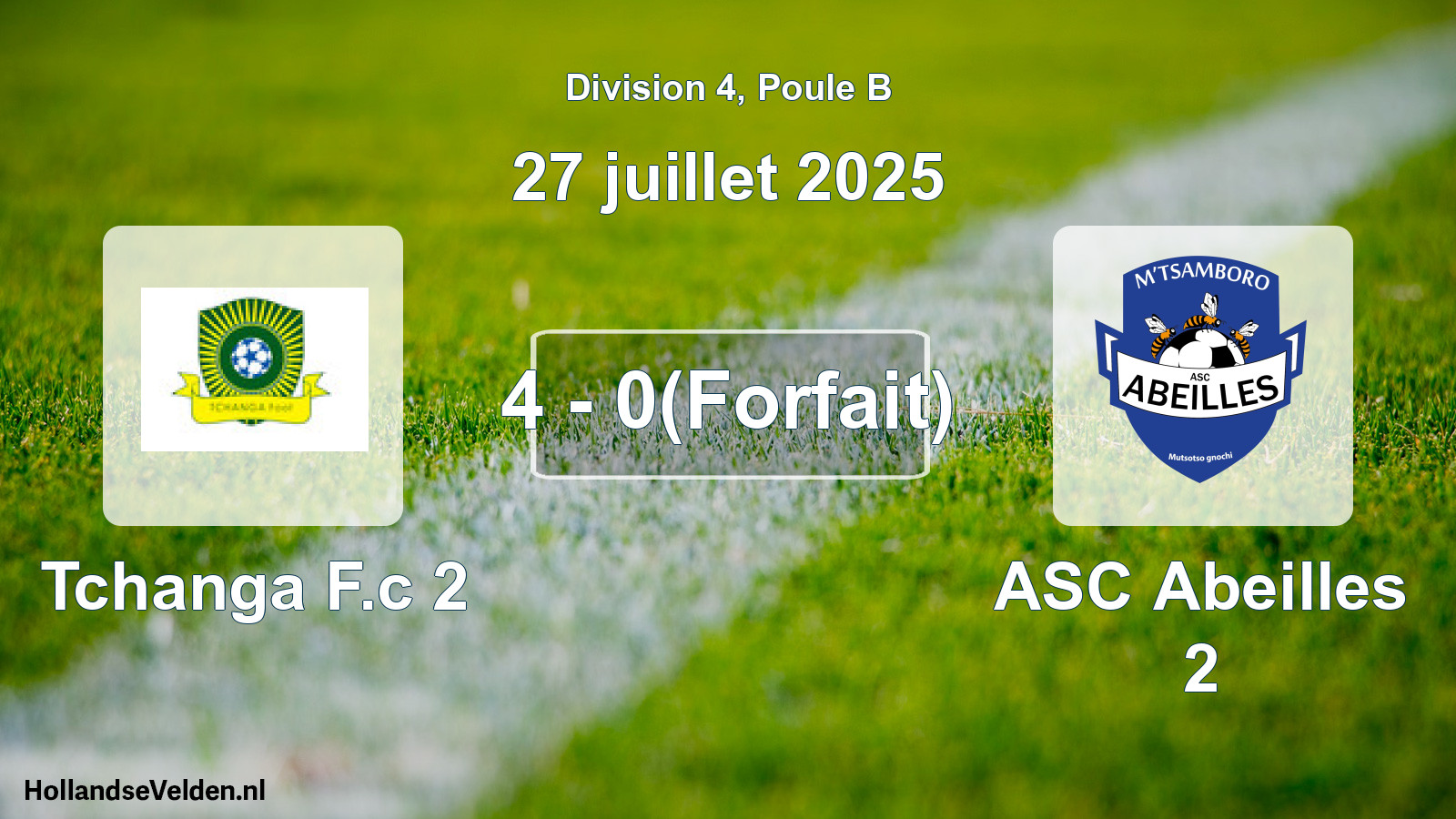 Match joué: Tchanga F.c 2 - ASC Abeilles 2 4 - 0(Forfait) (27 juillet 2025)