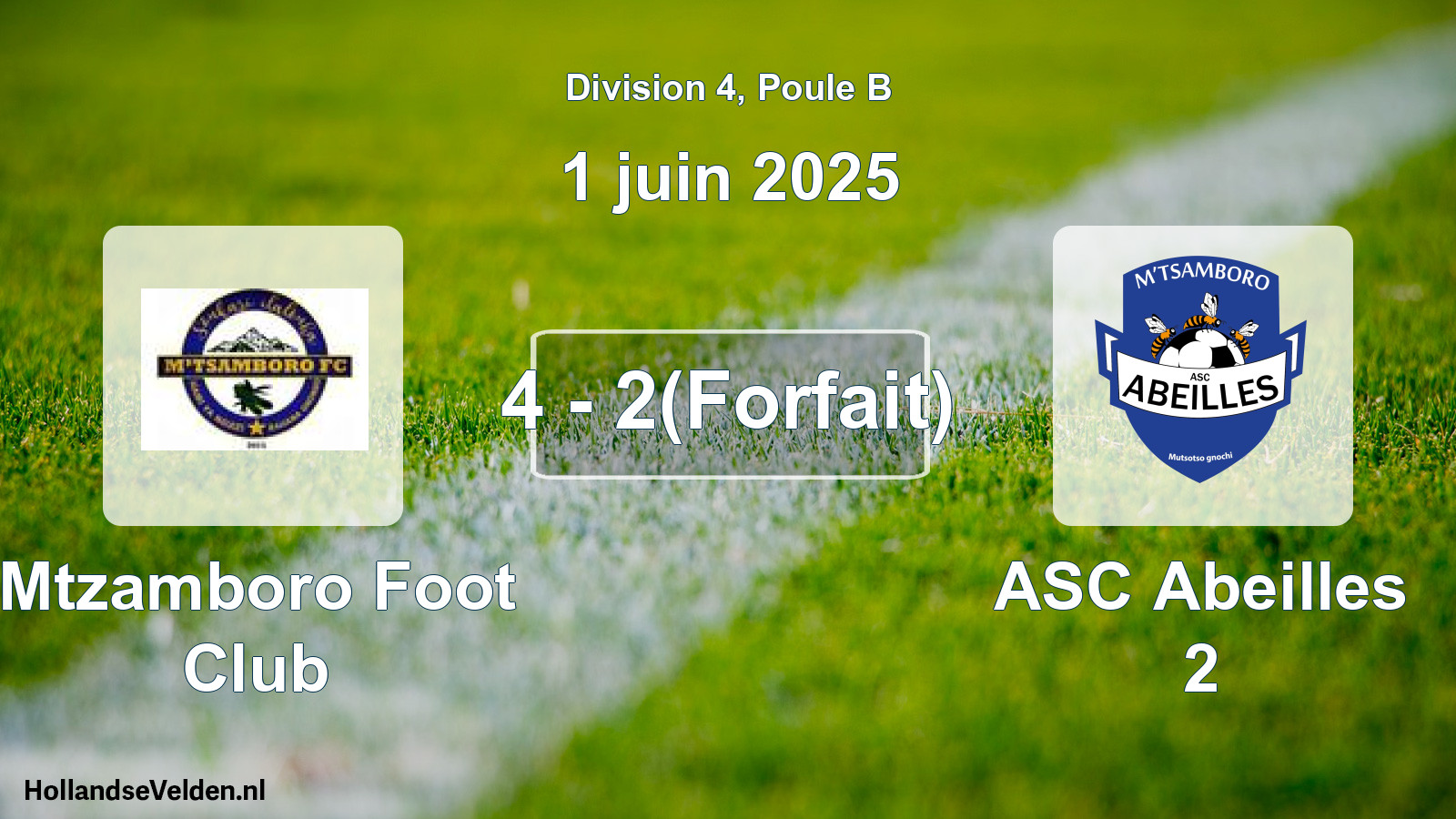 Gespeelde wedstrijd: Mtzamboro Foot Club - ASC Abeilles 2 4 - 2(Forfait) (1 juni 2025)