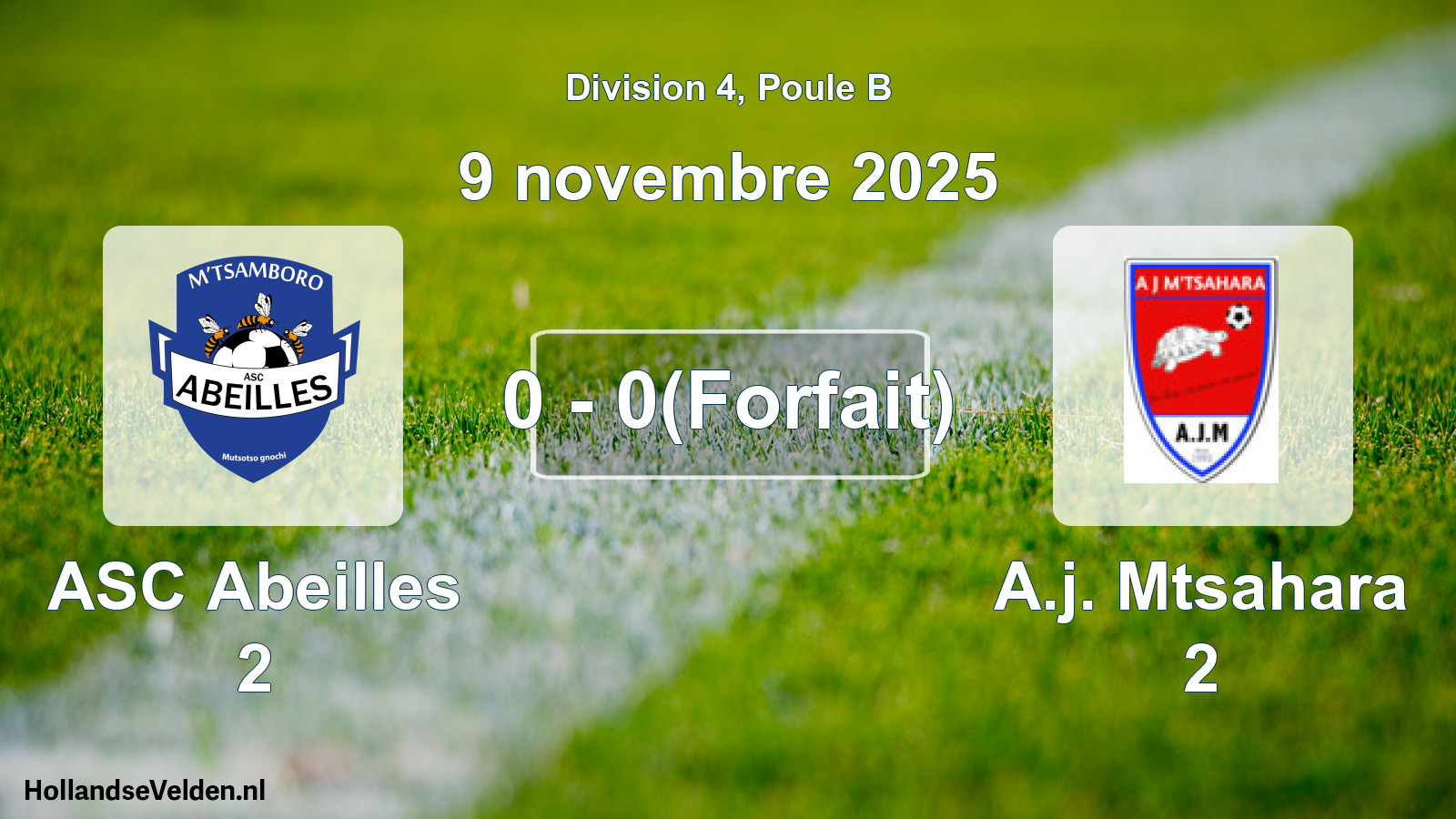 Match joué: ASC Abeilles 2 - A.j. Mtsahara 2 0 - 0(Forfait) (9 novembre 2025)