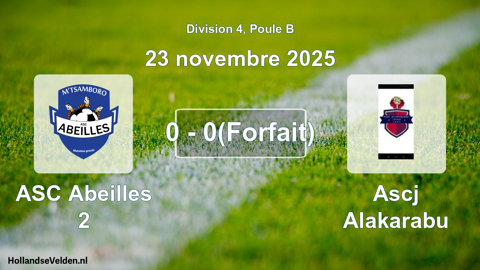 Match joué: ASC Abeilles 2 - Ascj Alakarabu 0 - 0(Forfait) (23 novembre 2025)