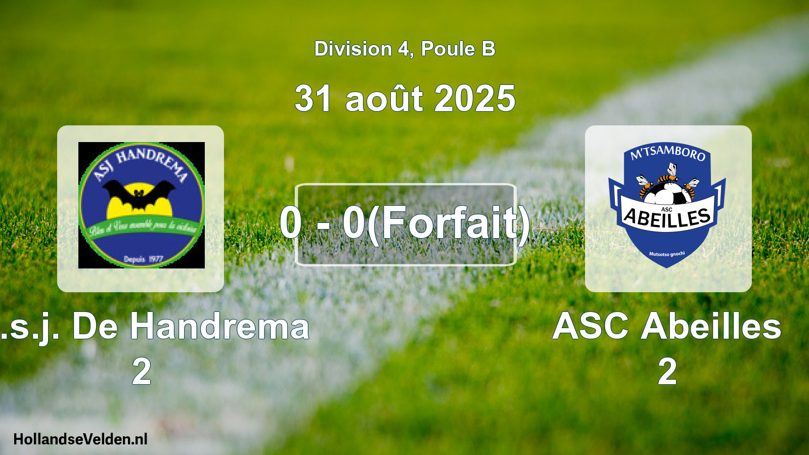 Match joué: A.s.j. De Handrema 2 - ASC Abeilles 2 0 - 0(Forfait) (31 août 2025)
