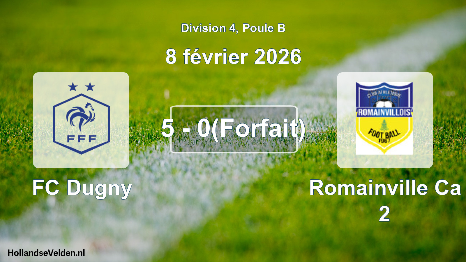Match joué: FC Dugny - Romainville Ca 2 5 - 0(Forfait) (8 février 2026)