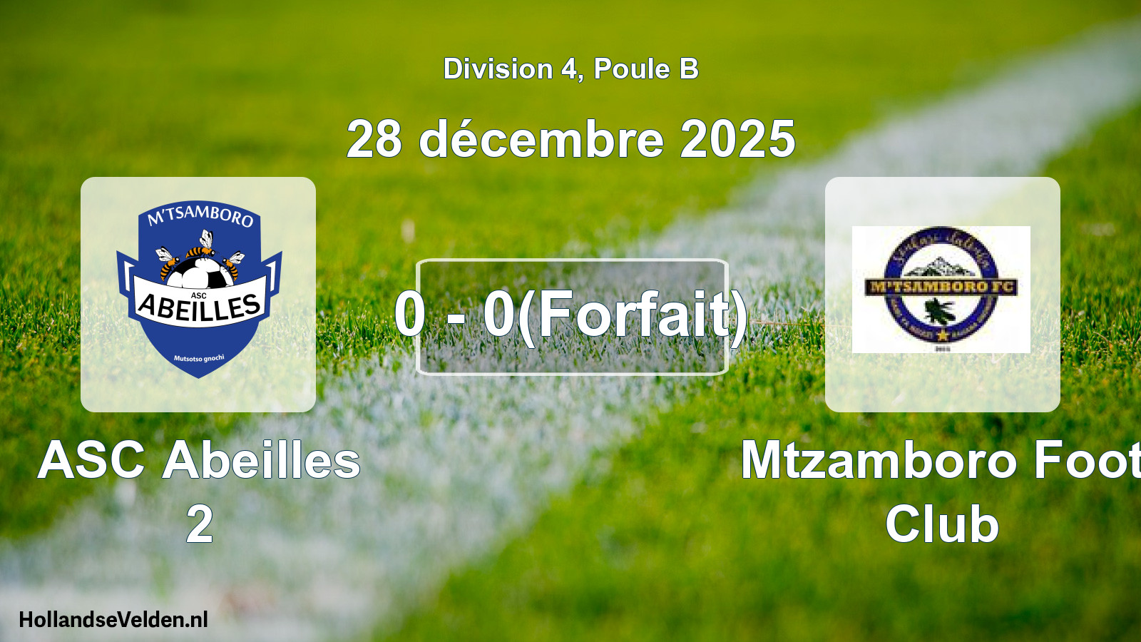 Match joué: ASC Abeilles 2 - Mtzamboro Foot Club 0 - 0(Forfait) (28 décembre 2025)