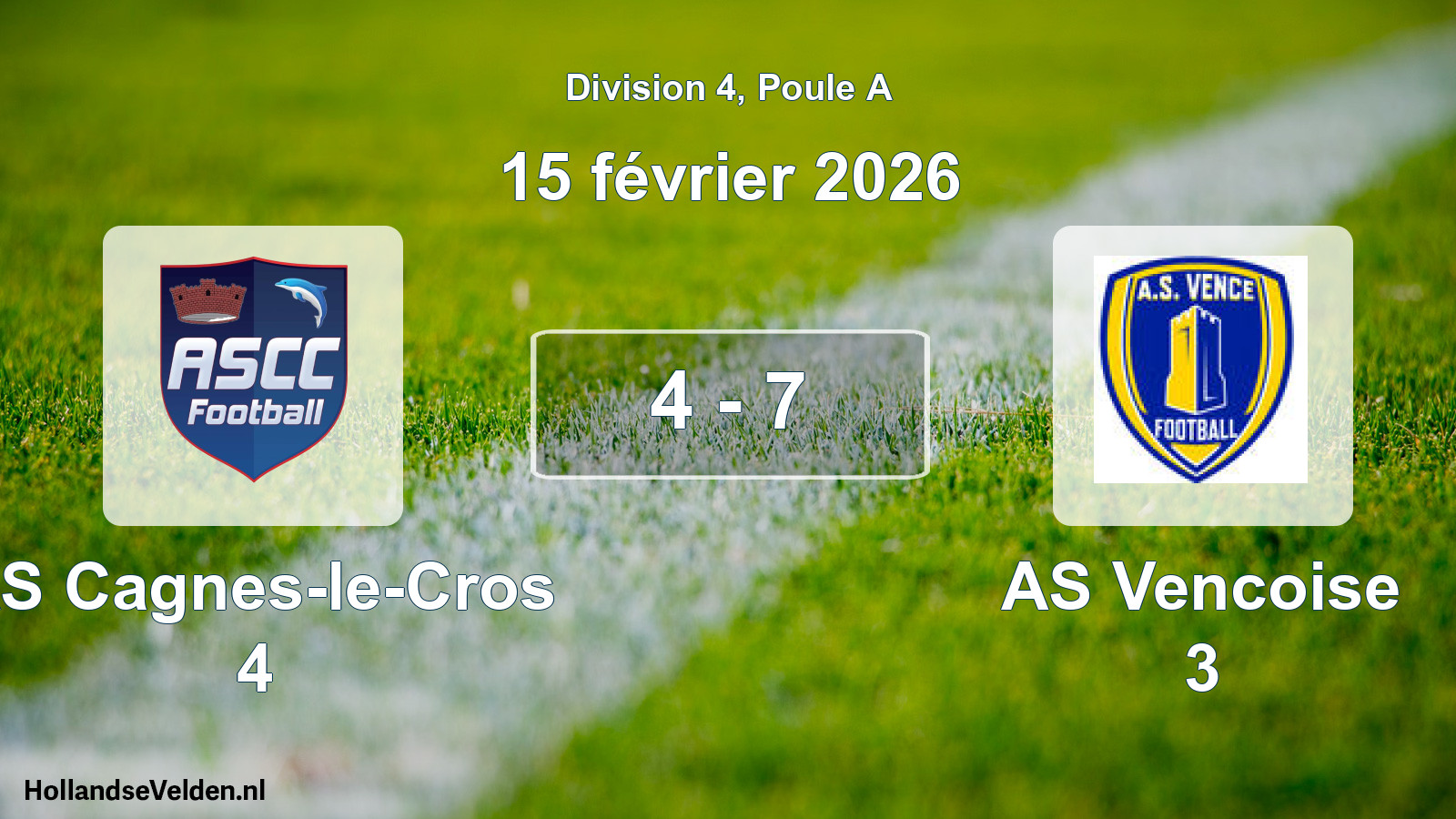 Match joué: AS Cagnes-le-Cros 4 - AS Vencoise 3 4 - 7 (15 février 2026)