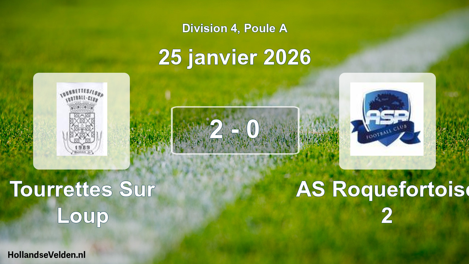 Match joué: Tourrettes Sur Loup - AS Roquefortoise 2 2 - 0 (25 janvier 2026)