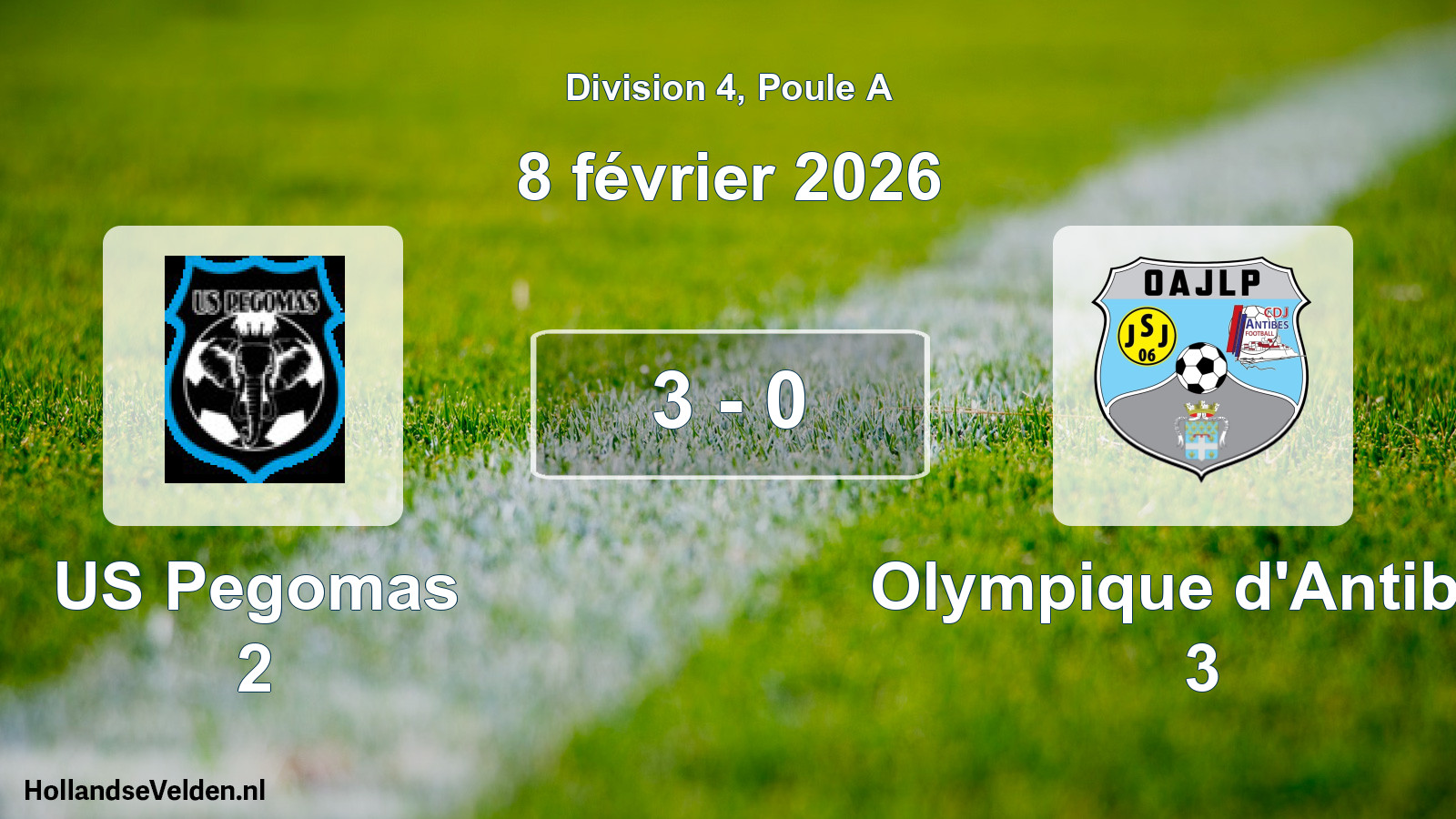 Gespeelde wedstrijd: US Pegomas 2 - Olympique d'Antibes 3 3 - 0 (8 februari 2026)