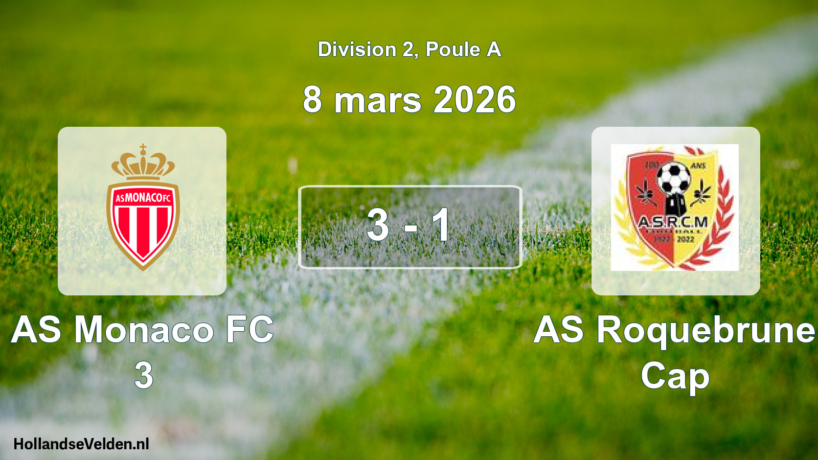 Match joué: AS Monaco FC 3 - AS Roquebrune Cap 3 - 1 (8 mars 2026)
