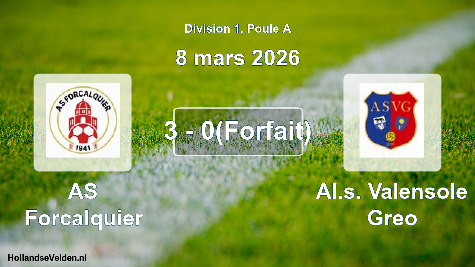 Match joué: AS Forcalquier - Al.s. Valensole Greo 3 - 0(Forfait) (8 mars 2026)