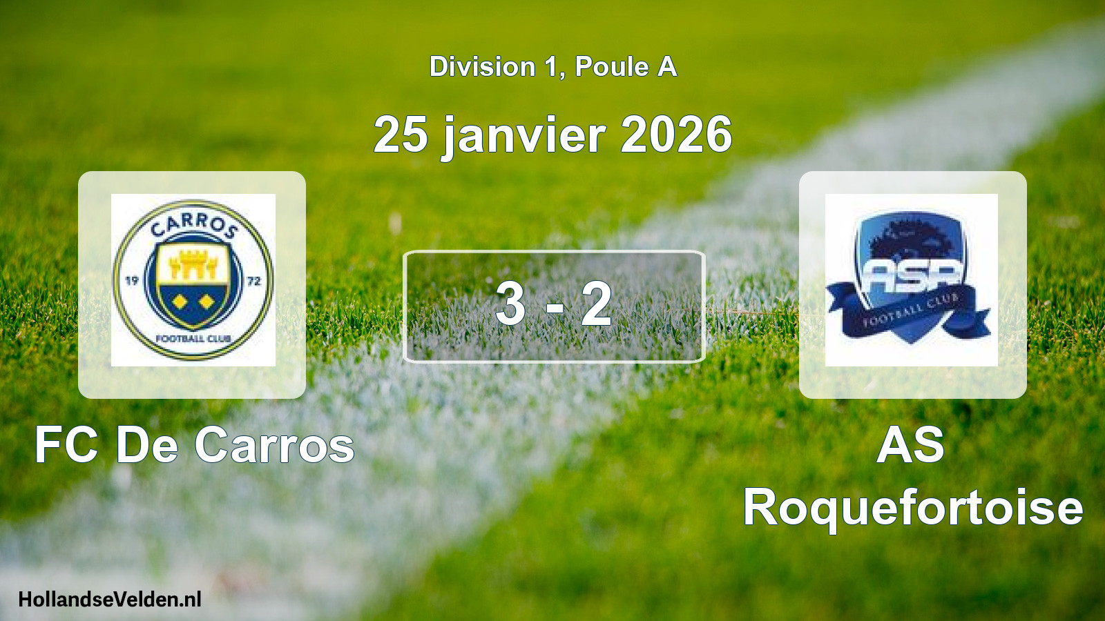 Match joué: FC De Carros - AS Roquefortoise 3 - 2 (25 janvier 2026)