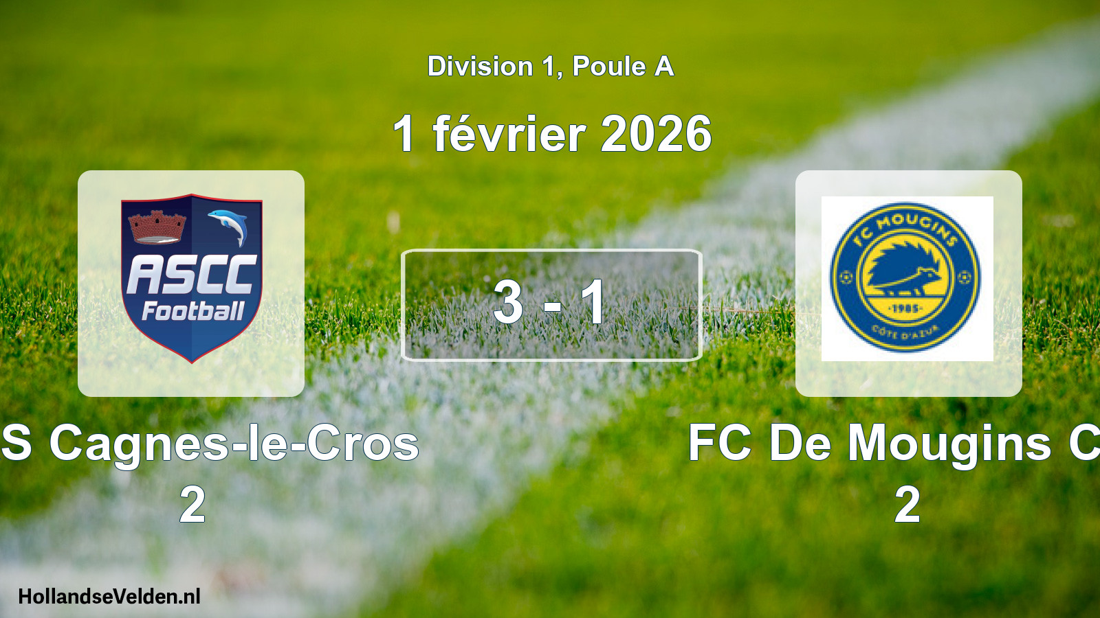 Match joué: AS Cagnes-le-Cros 2 - FC De Mougins Ca 2 3 - 1 (1 février 2026)