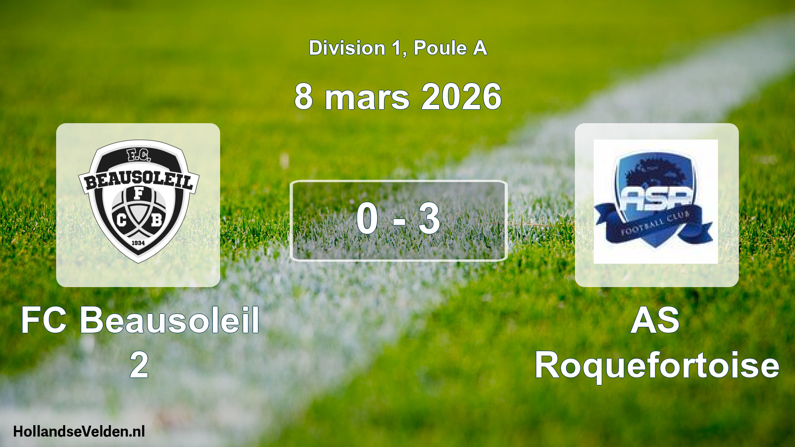 Match joué: FC Beausoleil 2 - AS Roquefortoise 0 - 3 (8 mars 2026)