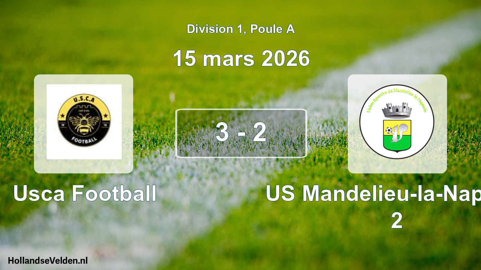 Match joué: Usca Football - US Mandelieu-la-Napoule 2 3 - 2 (15 mars 2026)