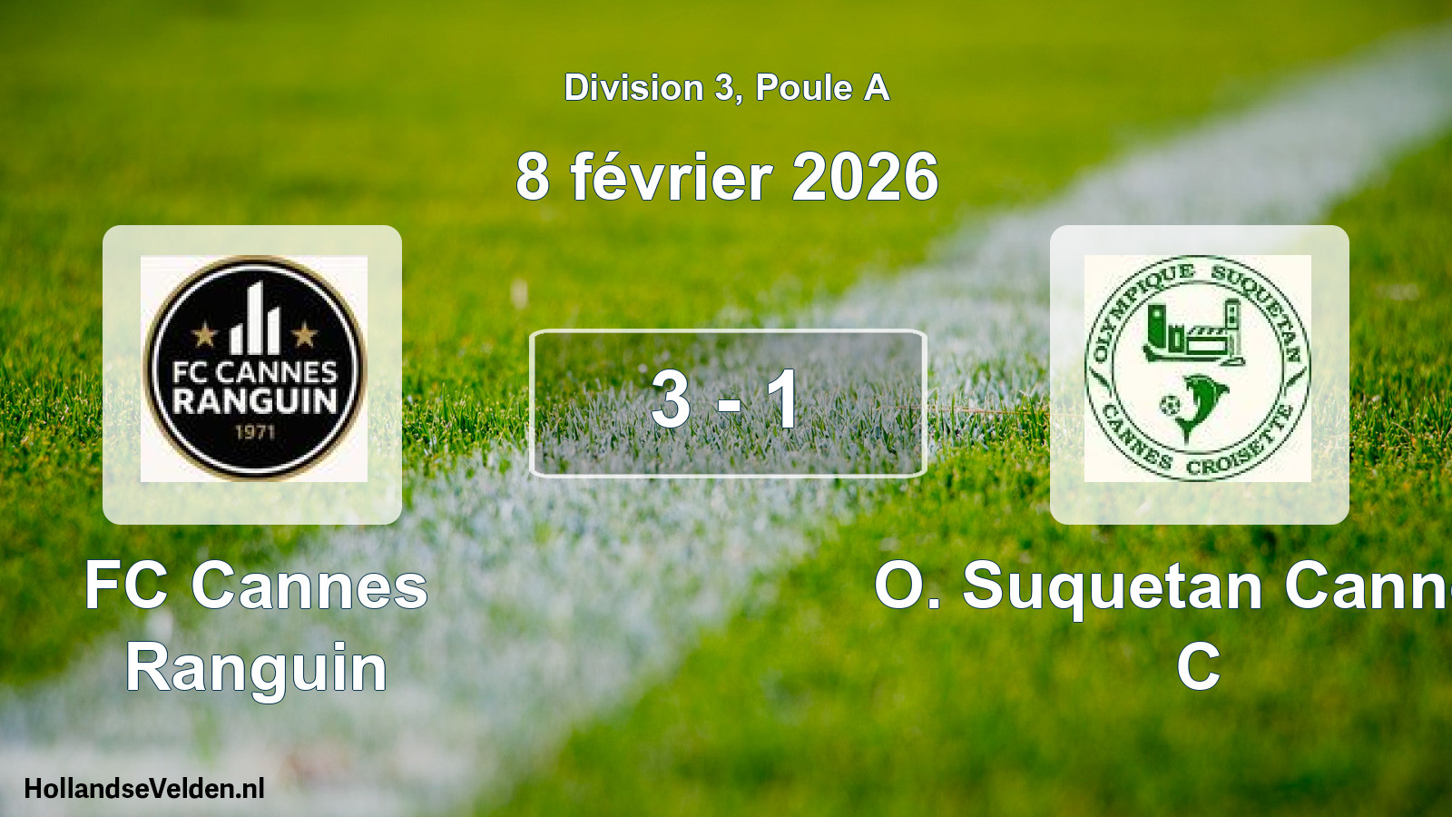 Match joué: FC Cannes Ranguin - O. Suquetan Cannes C 3 - 1 (8 février 2026)