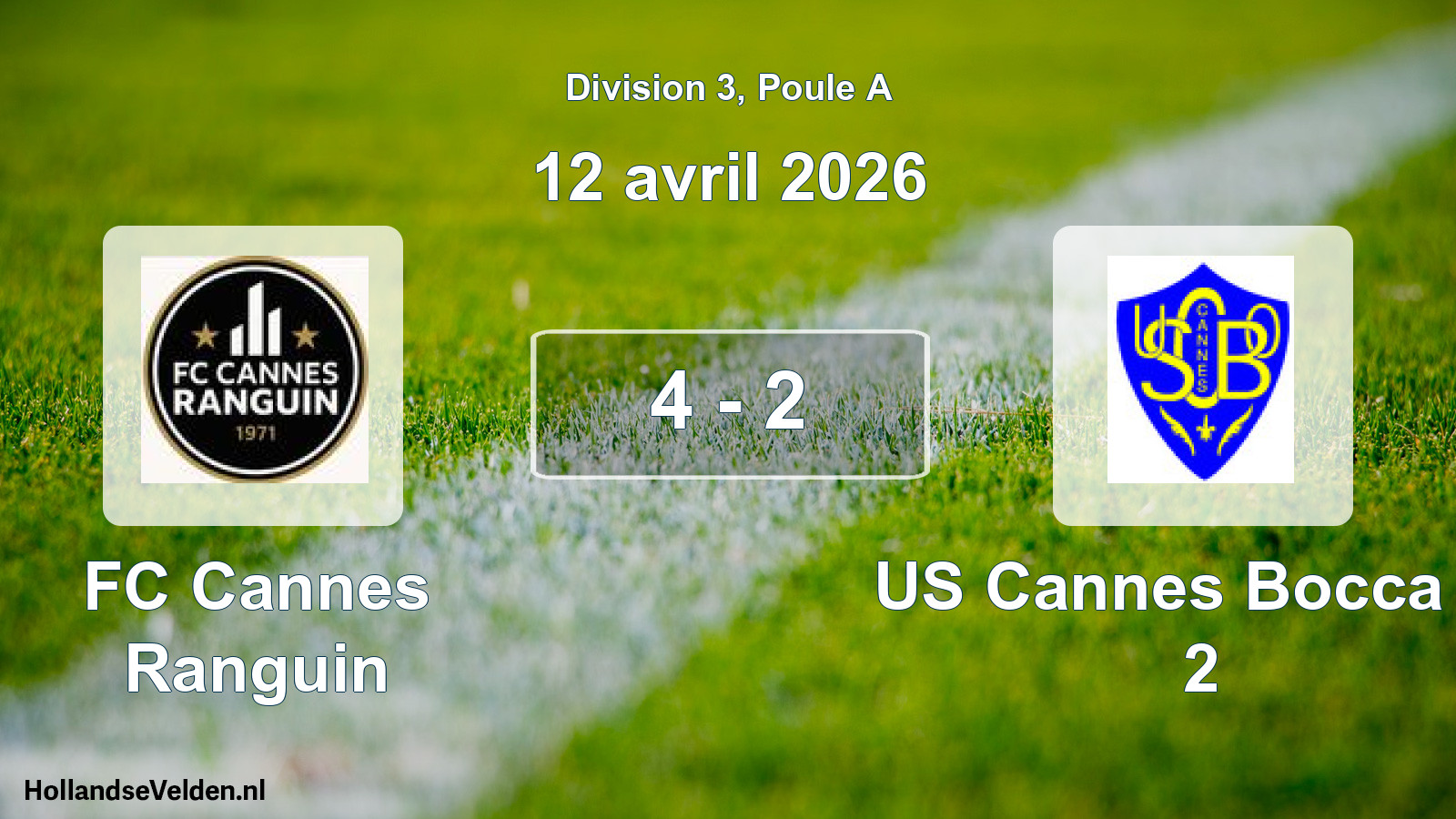 Gespeelde wedstrijd: FC Cannes Ranguin - US Cannes Bocca O. 2 4 - 2 (12 april 2026)