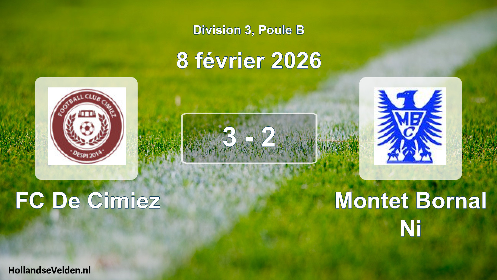 Match joué: FC De Cimiez - Montet Bornal Ni 3 - 2 (8 février 2026)