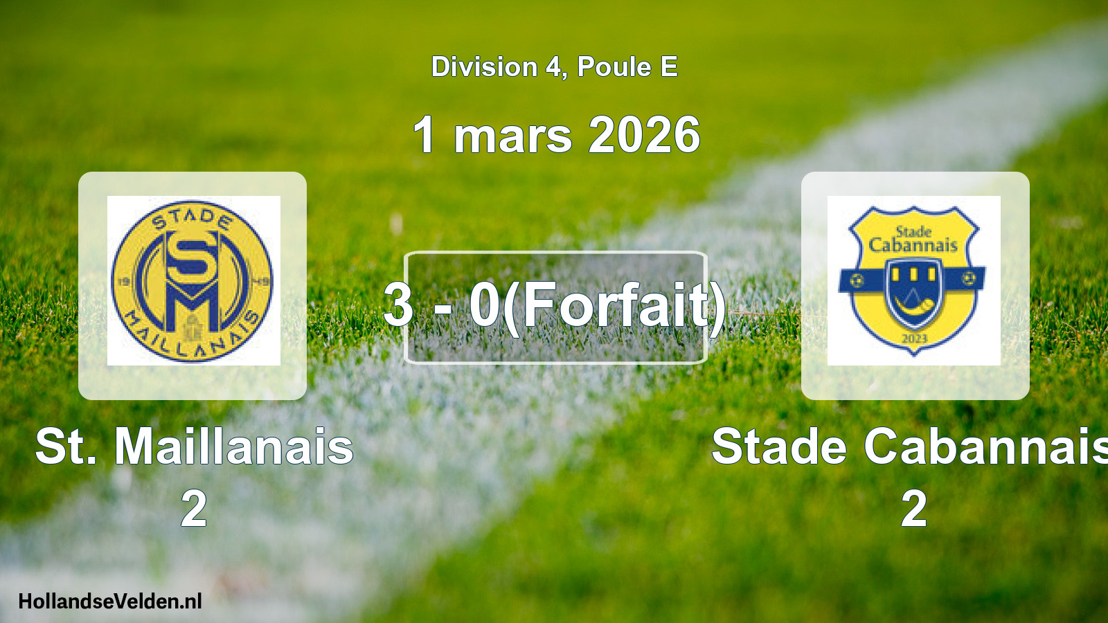 Match joué: St. Maillanais 2 - Stade Cabannais 2 3 - 0(Forfait) (1 mars 2026)