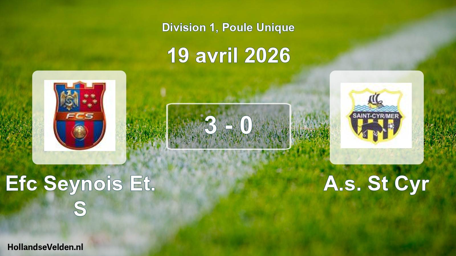 Total number of matches played: Efc Seynois Et. S - A.s. St Cyr 3 - 0 (19 April 2026)