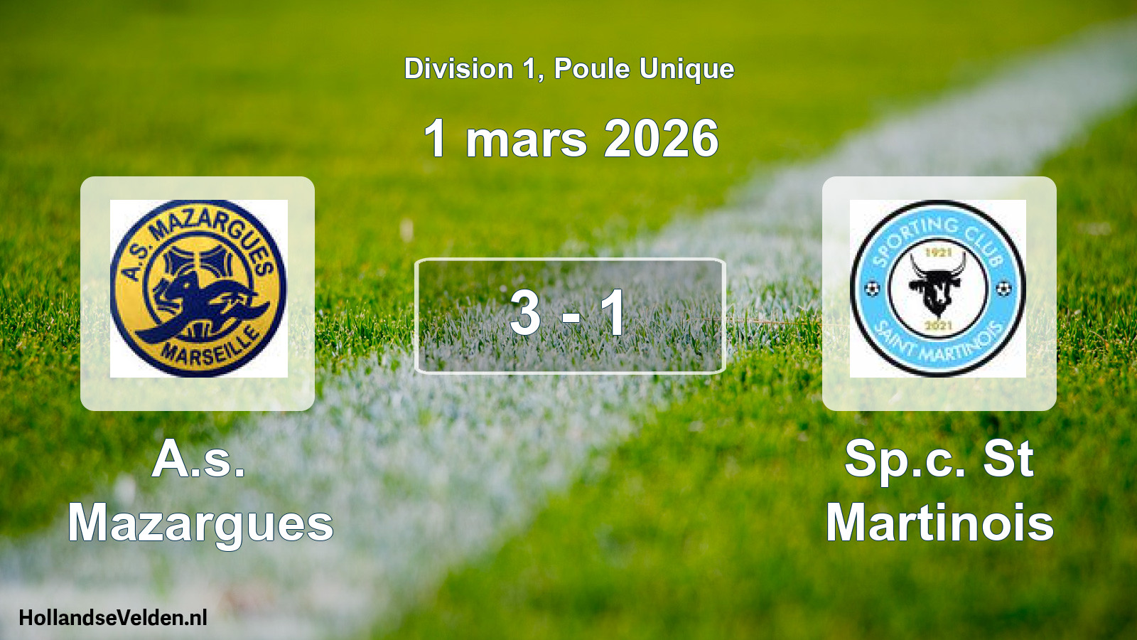 Gespeelde wedstrijd: A.s. Mazargues - Sp.c. St Martinois 3 - 1 (1 maart 2026)