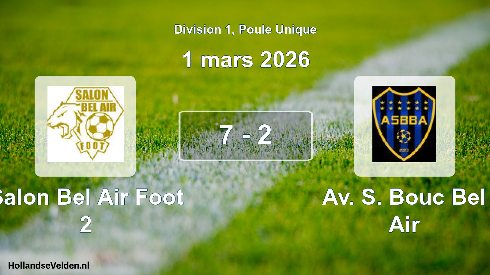 Total number of matches played: Salon Bel Air Foot 2 - Av. S. Bouc Bel Air 7 - 2 (1 March 2026)