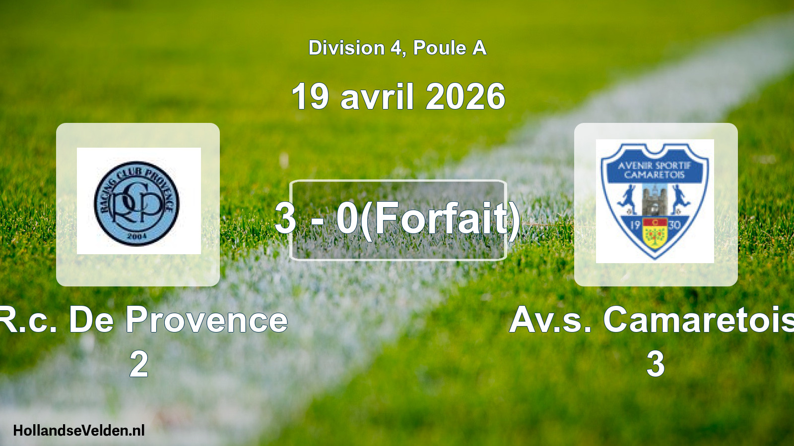 Total number of matches played: R.c. De Provence 2 - Av.s. Camaretois 3 3 - 0(Forfait) (19 April 2026)
