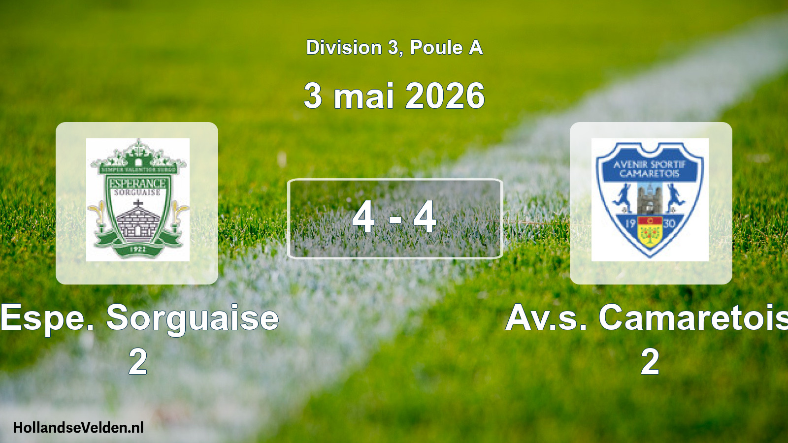 Total number of matches played: Espe. Sorguaise 2 - Av.s. Camaretois 2 4 - 4 (3 May 2026)