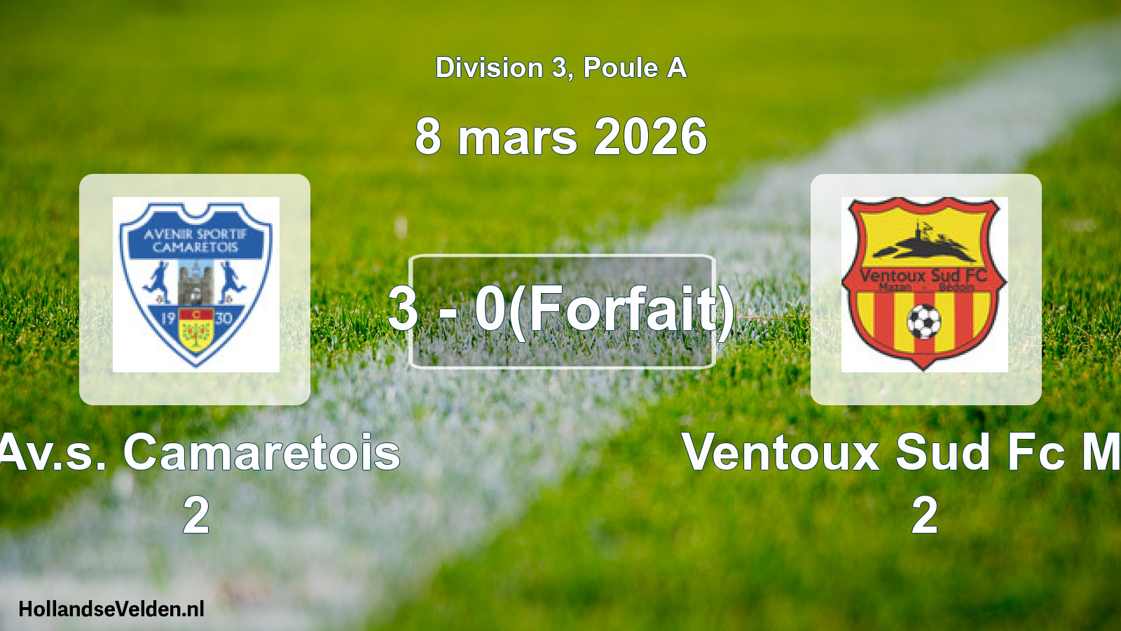 Match joué: Av.s. Camaretois 2 - Ventoux Sud Fc M/b 2 3 - 0(Forfait) (8 mars 2026)