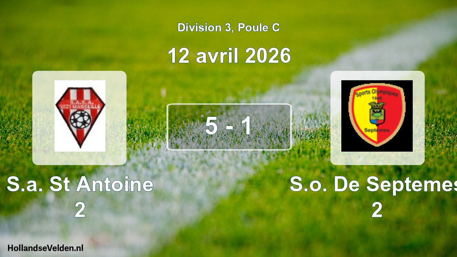 Total number of matches played: S.a. St Antoine 2 - S.o. De Septemes 2 5 - 1 (12 April 2026)