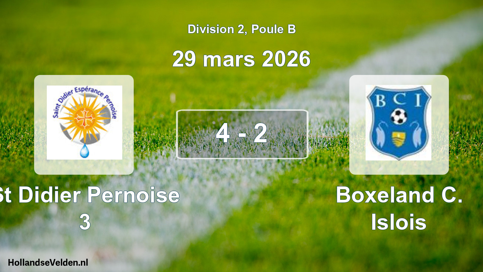 Total number of matches played: St Didier Pernoise 3 - Boxeland C. Islois 4 - 2 (29 March 2026)