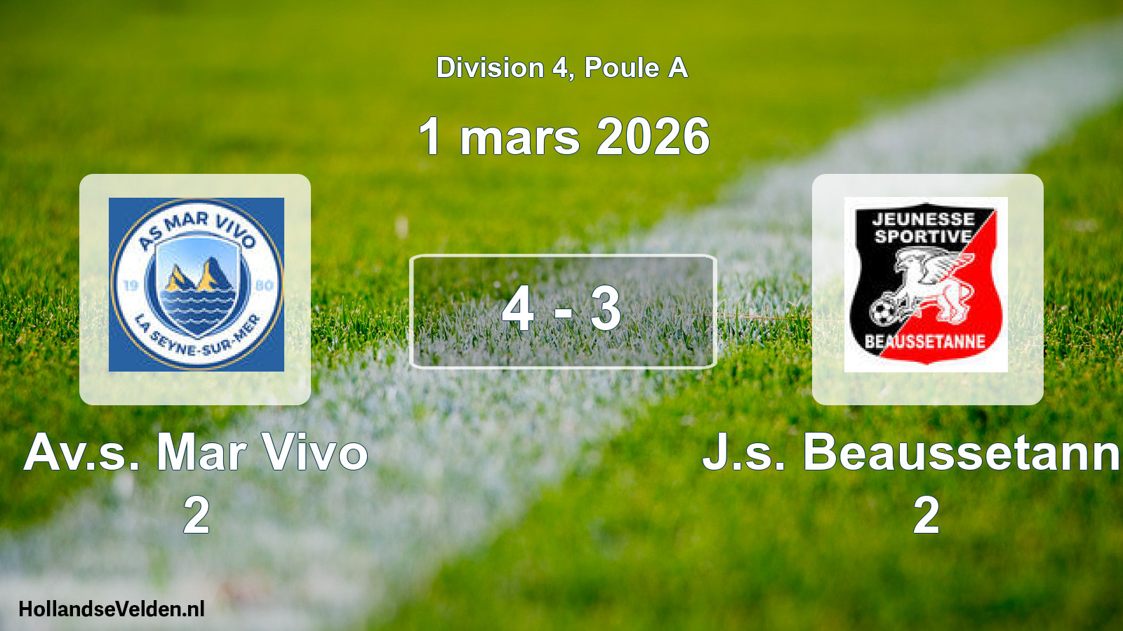 Match joué: Av.s. Mar Vivo 2 - J.s. Beaussetanne 2 4 - 3 (1 mars 2026)