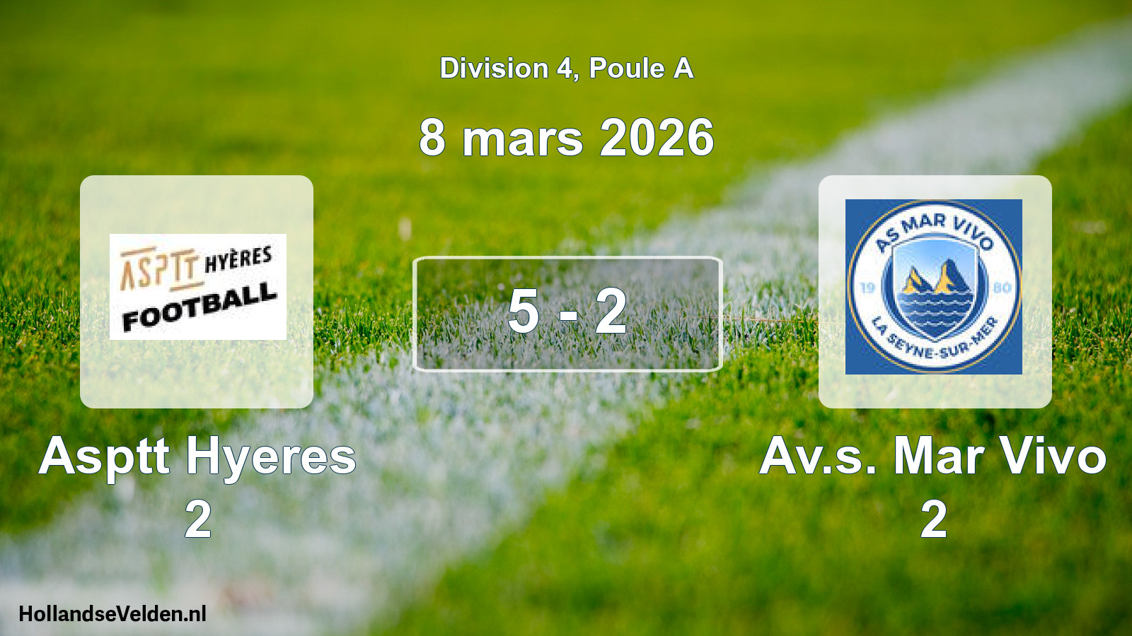 Match joué: Asptt Hyeres 2 - Av.s. Mar Vivo 2 5 - 2 (8 mars 2026)