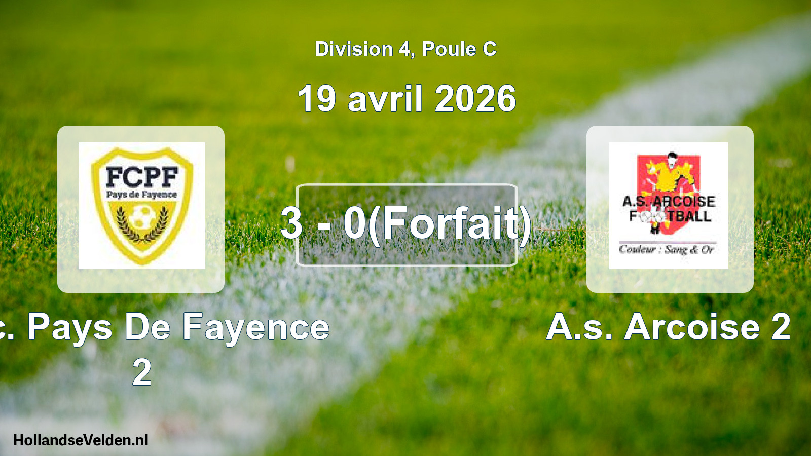Match joué: F.c. Pays De Fayence 2 - A.s. Arcoise 2 3 - 0(Forfait) (19 avril 2026)