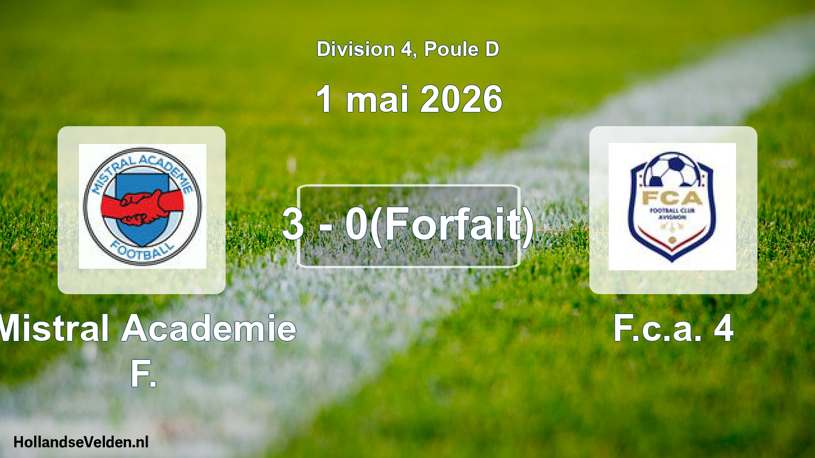 Match joué: Mistral Academie F. - F.c.a. 4 3 - 0(Forfait) (1 mai 2026)