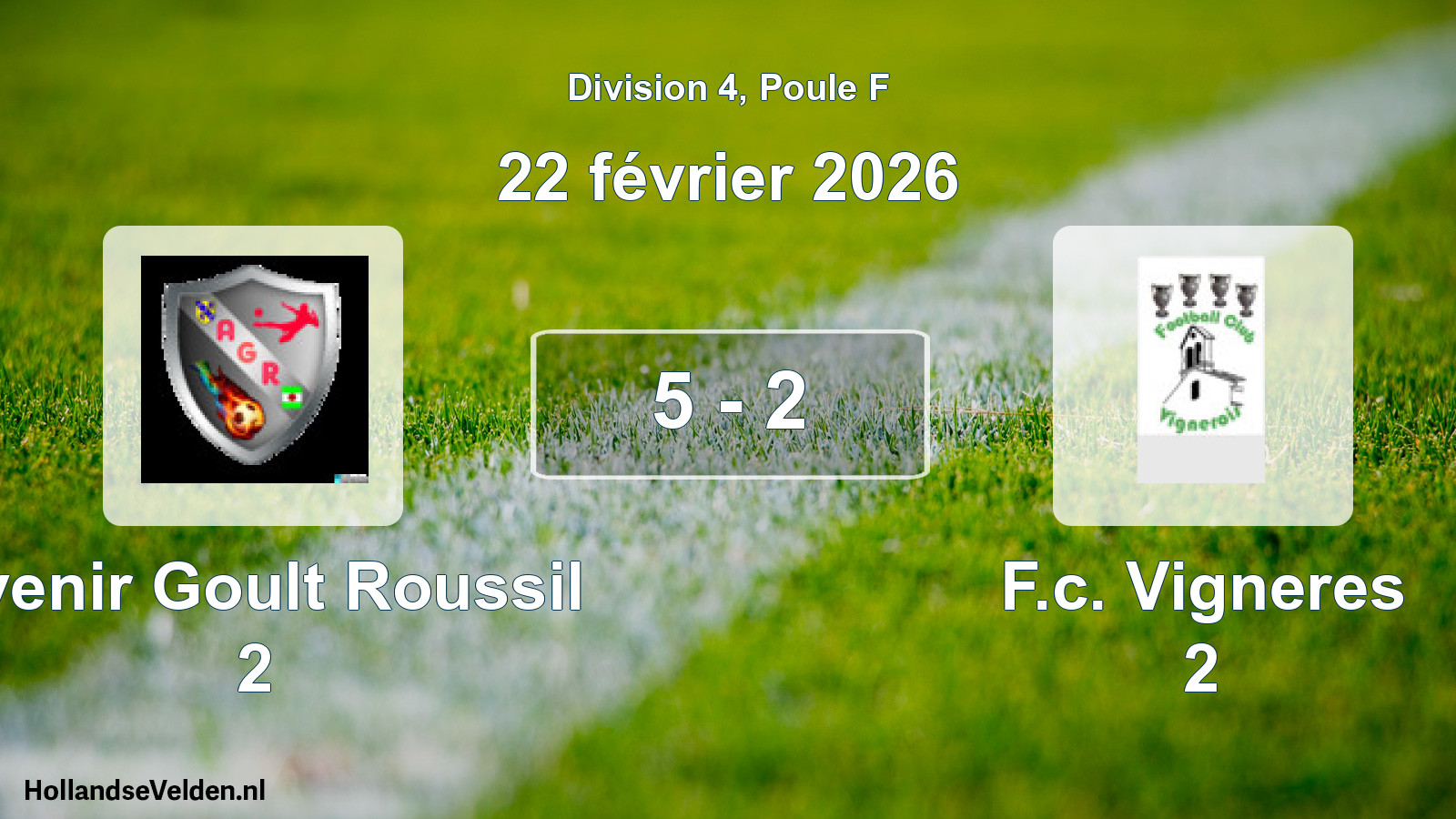 Match joué: Avenir Goult Roussil 2 - F.c. Vigneres 2 5 - 2 (22 février 2026)