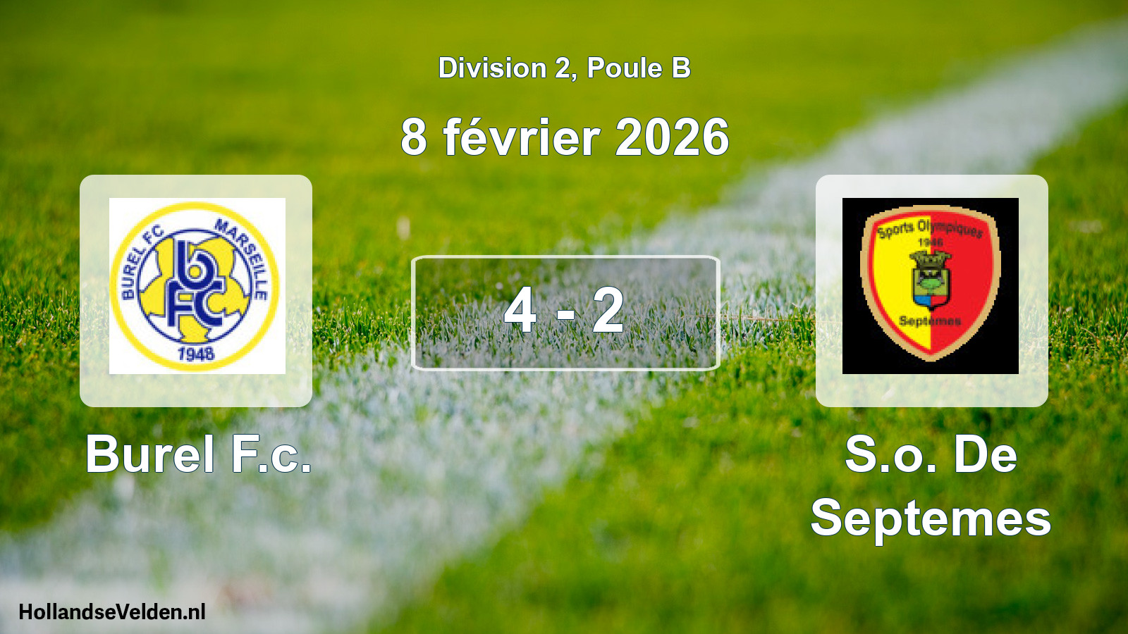 Total number of matches played: Burel F.c. - S.o. De Septemes 4 - 2 (8 February 2026)