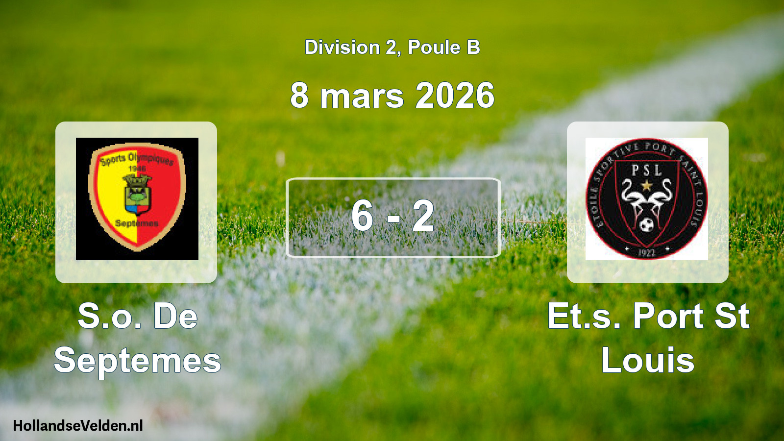 Total number of matches played: S.o. De Septemes - Et.s. Port St Louis 6 - 2 (8 March 2026)